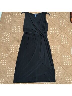 Chaps Wrap Dress Size M Black Solid V-Neck Knit Stretch Sleeveless Knee